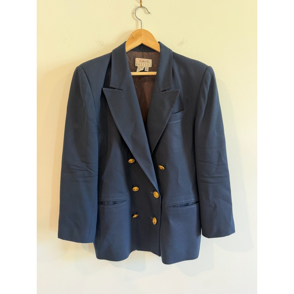Vintage Talbots Double Breasted Navy Blue Wool Blazer Womens 14P